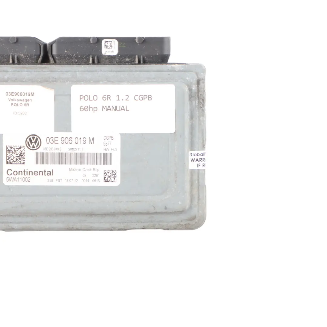 CGPB 60HP Engine Control ECU Manual Volkswagen Polo 6R 1.2 Petrol - SKU 03E906019M - Part number 03E906019M