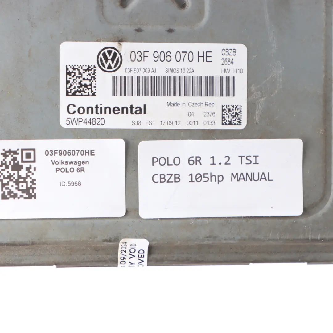CBZB 105HP ECU Engine Control Unit Manual to VW Polo 5 6R 1.2 TSI Petrol Engine with Part number 03F906070HE VW Polo 5 6R 1.2 TSI Petrol Engine CBZB 105HP ECU Engine Control Unit Manual - SKU 03F906070HE - Part number 03F906070HE