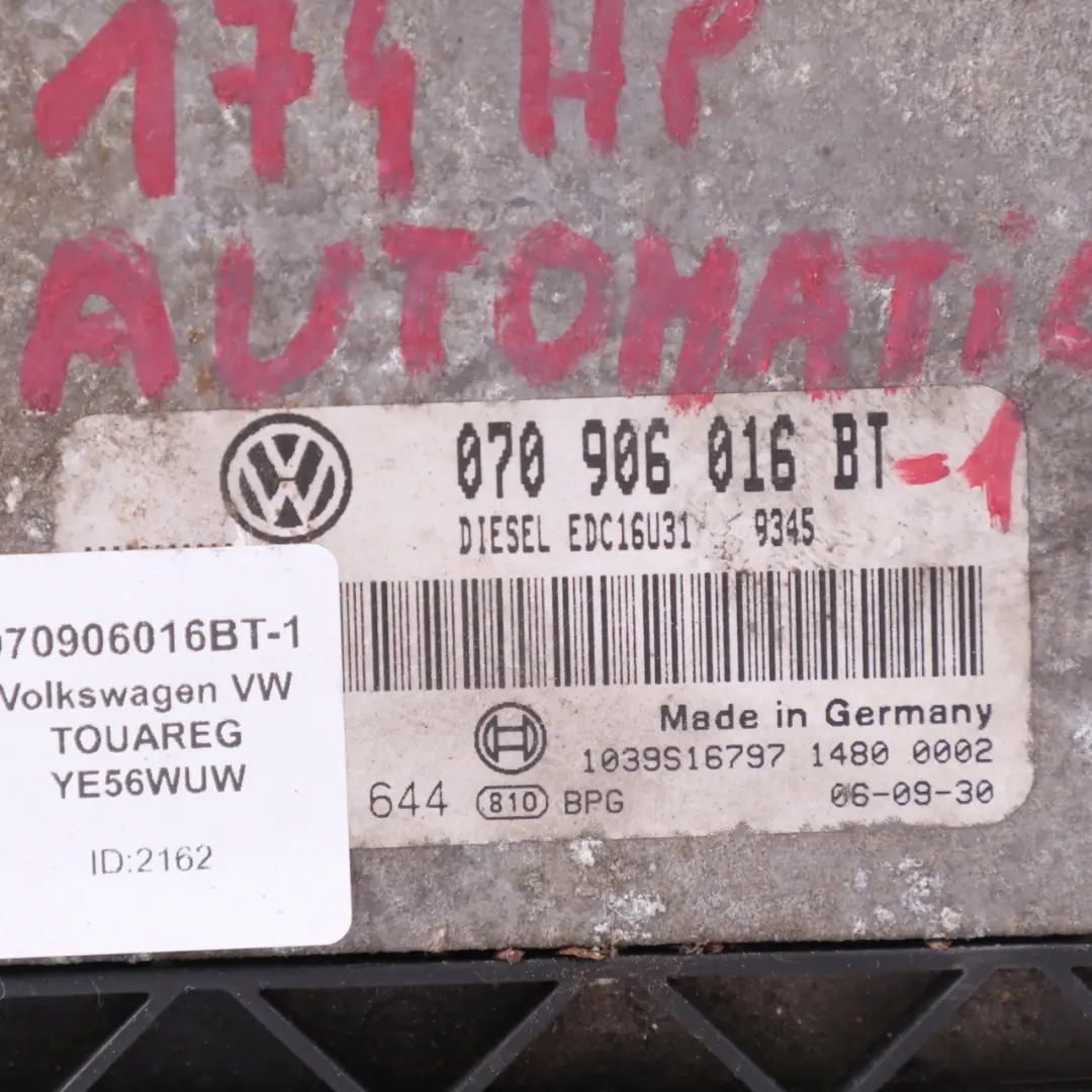 BPE Engine Control Unit ECU Kit Key VW Volkswagen Touareg 2.5 TDI - SKU 070906016BT-1 - Part number 070906016BT