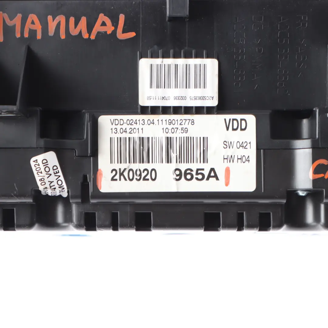 2K Diesel Speedo Meter Clock Instrument Cluster Manual to VW Caddy Maxi with Part number 2K0920965A VW Caddy Maxi 2K Diesel Speedo Meter Clock Instrument Cluster Manual - SKU 2K0920965A - Part number 2K0920965A