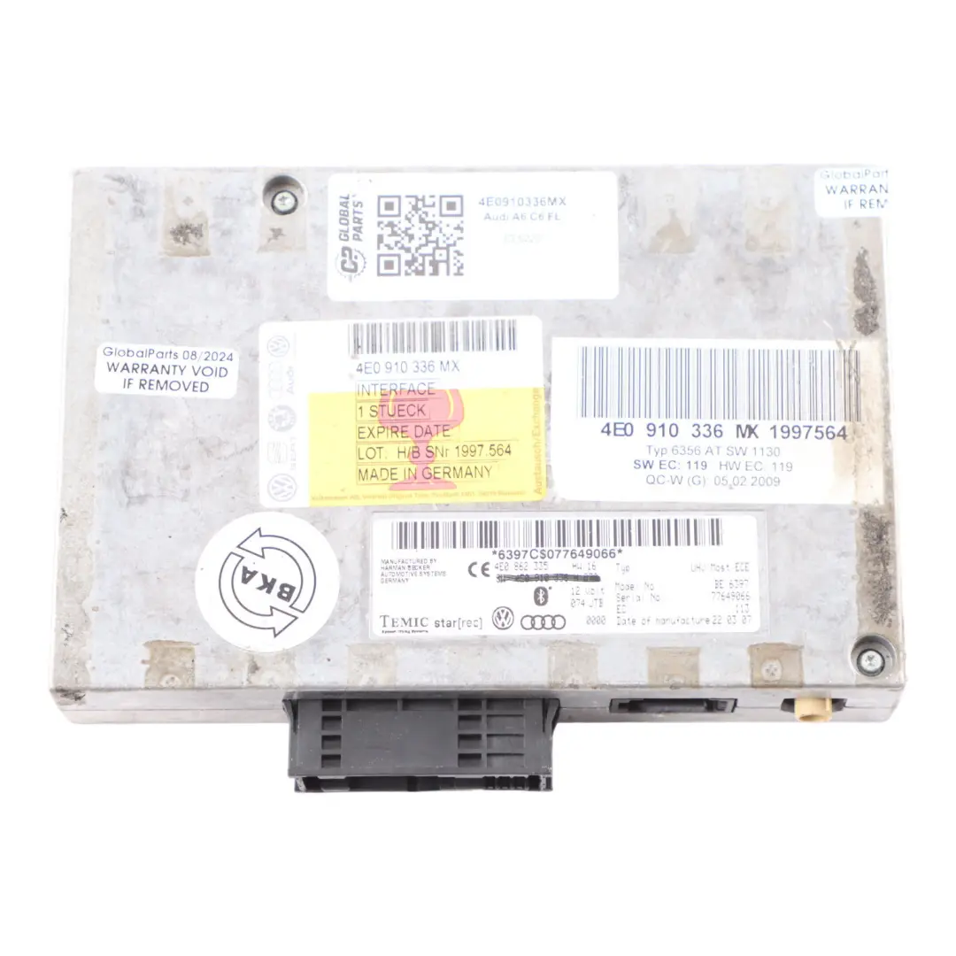 Bluetooth Multimedia-Schnittstellen Steuer Modul ECU für Audi A6 C6 mit Teilenummer 4E0910336MX Audi A6 C6 Bluetooth Multimedia-Schnittstellen Steuer Modul ECU - SKU 4E0910336MX - Teilenummer 4E0910336MX