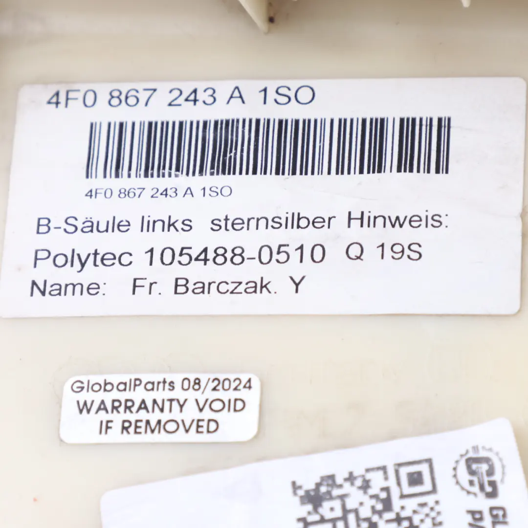 Audi A6 C6 FL Couvre pilier B Panneau Intérieur Beige Gauche - SKU 4F0867243A - Numéro de pièce 4F0867243A