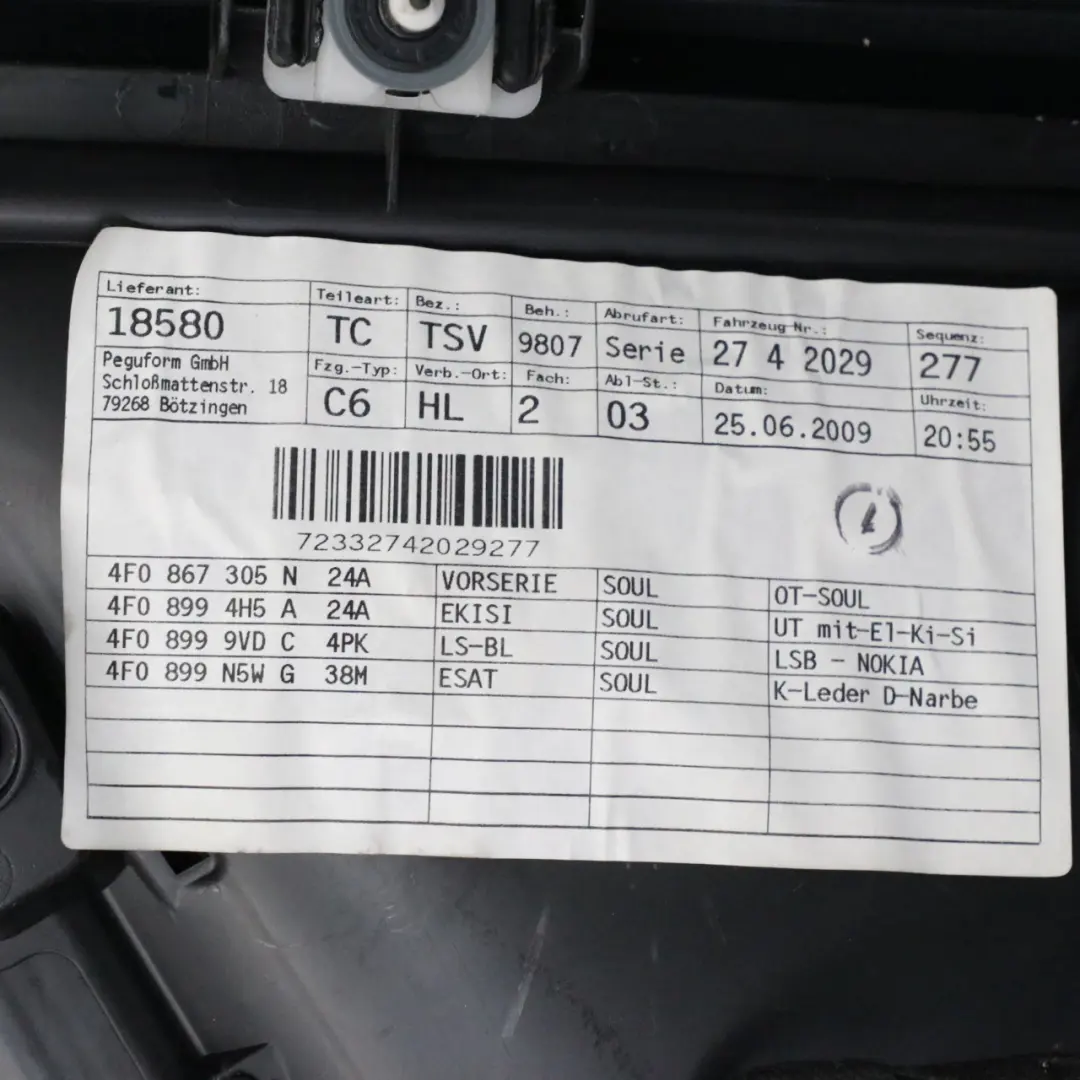 Carte de porte Audi A6 C6 Panneau de garniture de porte arrière gauche noir  - SKU 4F0867303EF - Numéro de pièce 4F0867303EF