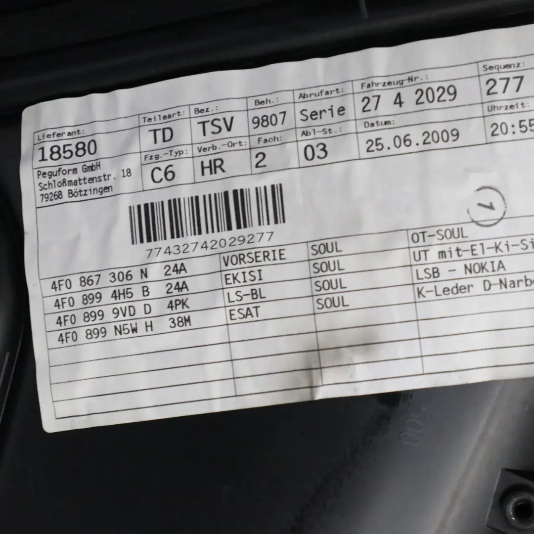 Carte de porte Audi A6 C6 Panneau de garniture de porte arrière droite noir  - SKU 4F0867304EF - Numéro de pièce 4F0867304EF