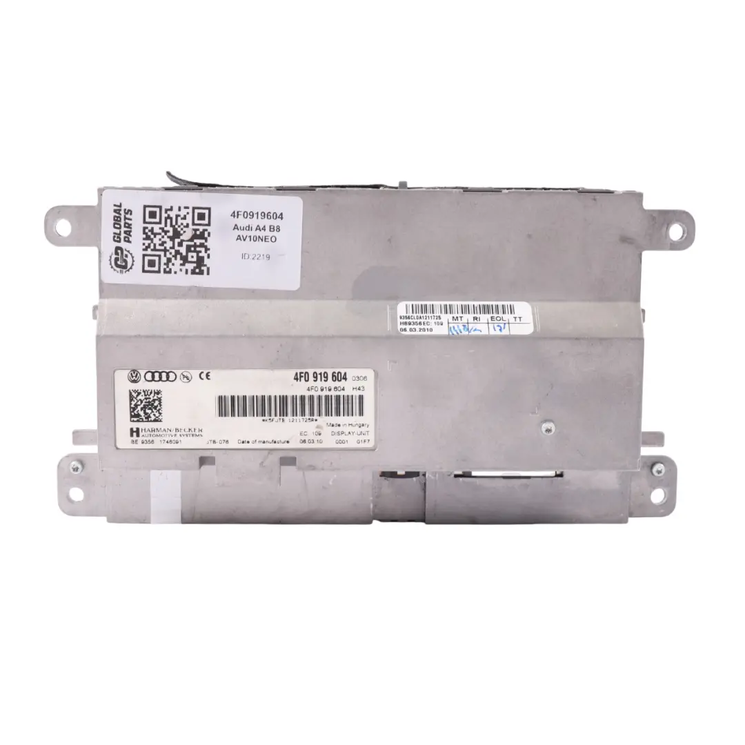 AV10NEO Ecran d'affichage Radio Multimédia Navigation Sat pour Audi A4 B8 à propos du numéro de pièce 4F0919604 Audi A4 B8 AV10NEO Ecran d'affichage Radio Multimédia Navigation Sat - SKU 4F0919604 - Numéro de pièce 4F0919604