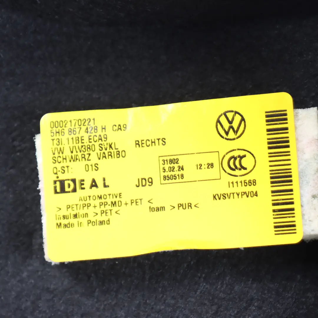 Mk8 CD1 Trunk Lateral Panel Rear Right O/S Trim Cover to Volkswagen Golf with Part number 5H6867428H Volkswagen Golf Mk8 CD1 Trunk Lateral Panel Rear Right O/S Trim Cover - SKU 5H6867428H - Part number 5H6867428H