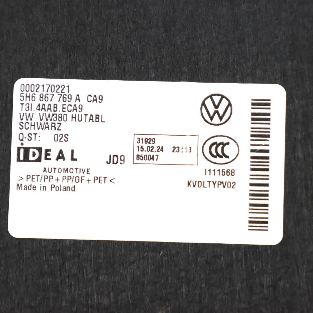 Mk8 CD1 Parcel Shelf Trim Trunk Cover Panel Black to Volkswagen Golf with Part number 5H6867769A Volkswagen Golf Mk8 CD1 Parcel Shelf Trim Trunk Cover Panel Black - SKU 5H6867769A - Part number 5H6867769A