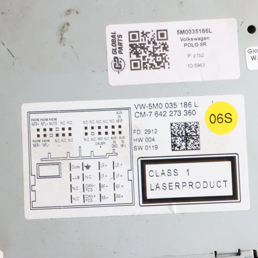 7N Radio Control Auto Head Unit CD Player MP3 VW Volkswagen Sharan - SKU 5M0035186L - Part number 5M0035186L