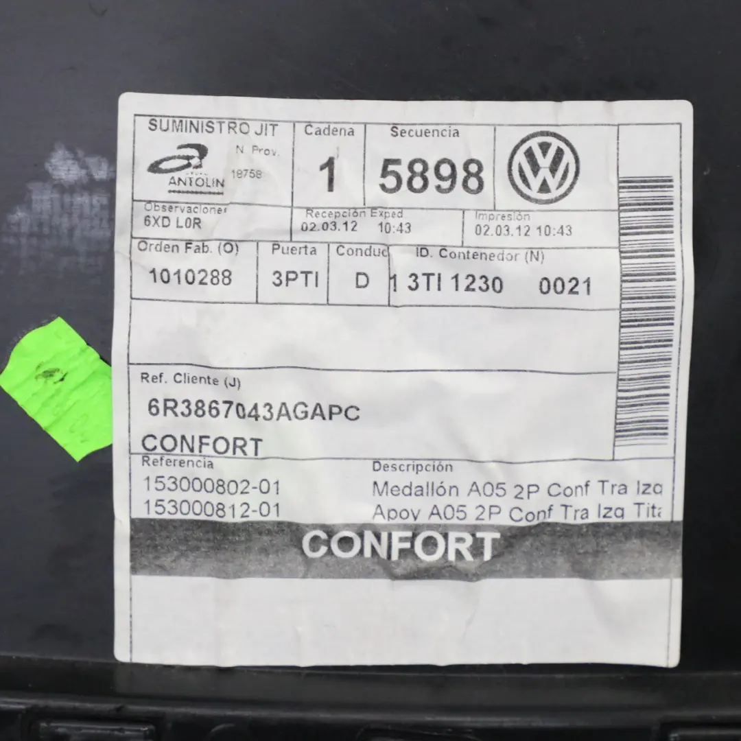 Volkswagen Polo 6R Carte Porte Arrière Gauche Cache Panneau Noir - SKU 6R3867043AG - Numéro de pièce 6R3867043AG