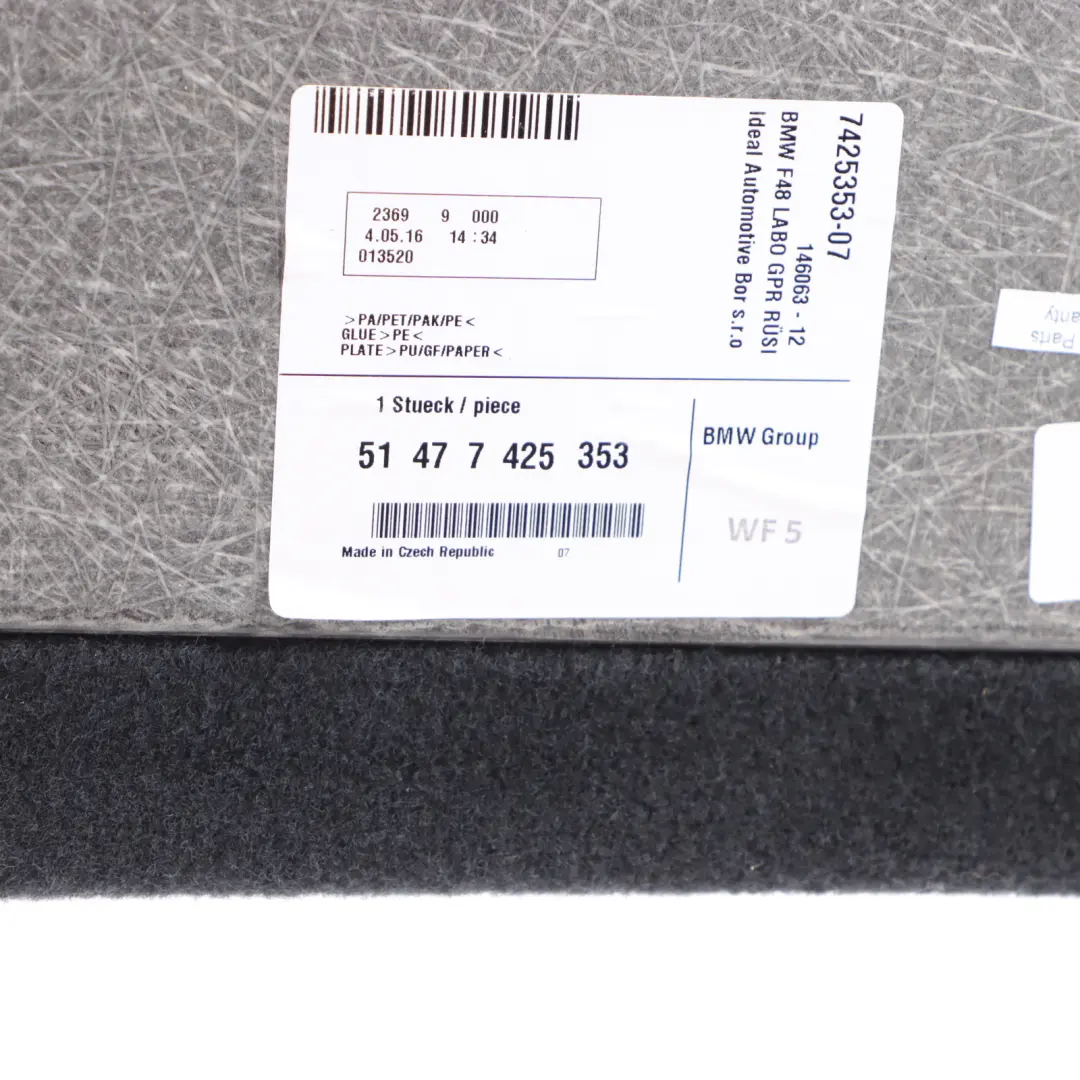 Trunk Floor BMW X1 F48 Boot Luggage Compartment Carpet Mat Cover Liner to with Part number 7425353 Trunk Floor BMW X1 F48 Boot Luggage Compartment Carpet Mat Cover Liner - SKU 7425353-2 - Part number 7425353