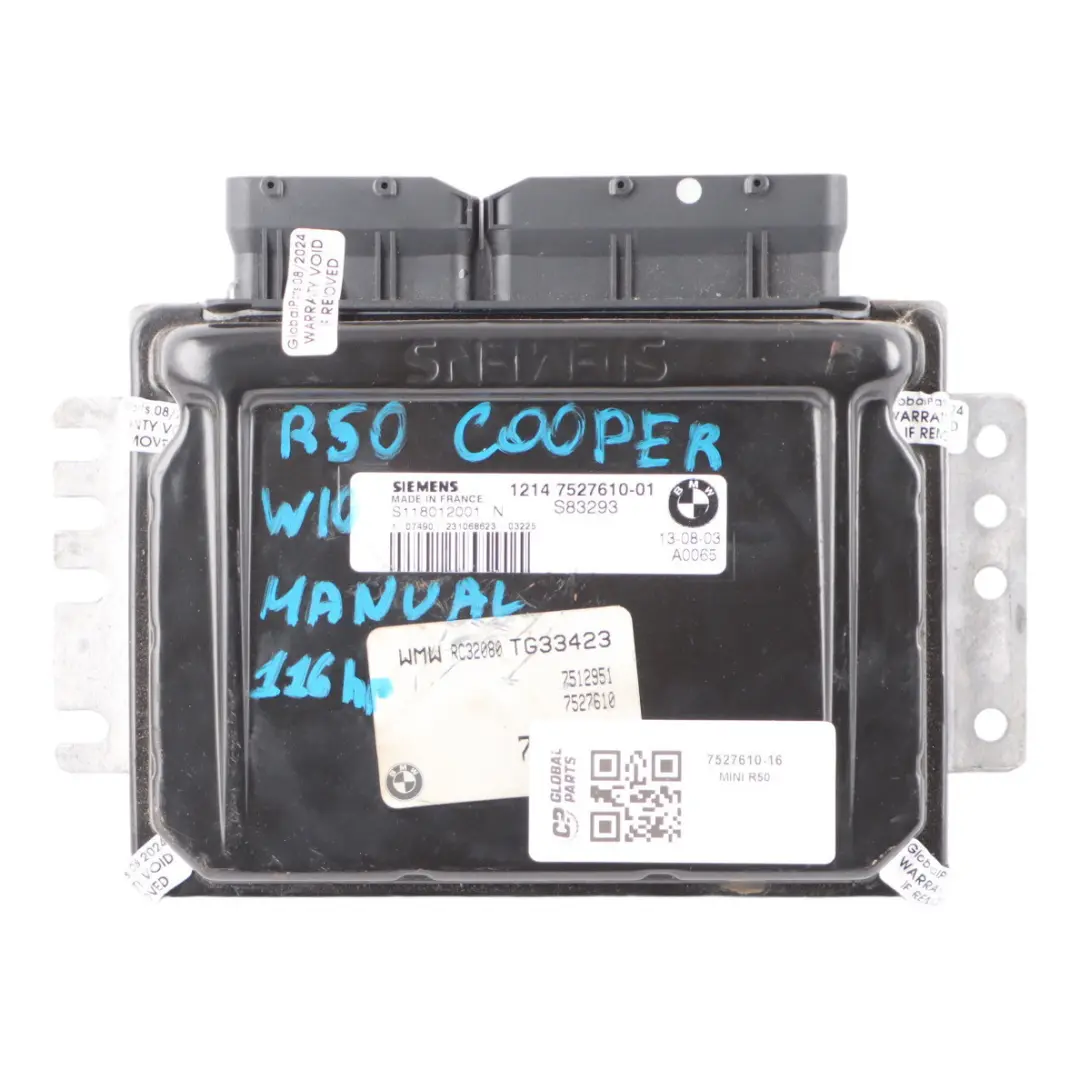 Mini R50 W10 116HP Unité de contrôle du moteur à essence ECU DME Manuel - SKU 7527610-16 - Numéro de pièce 7527610