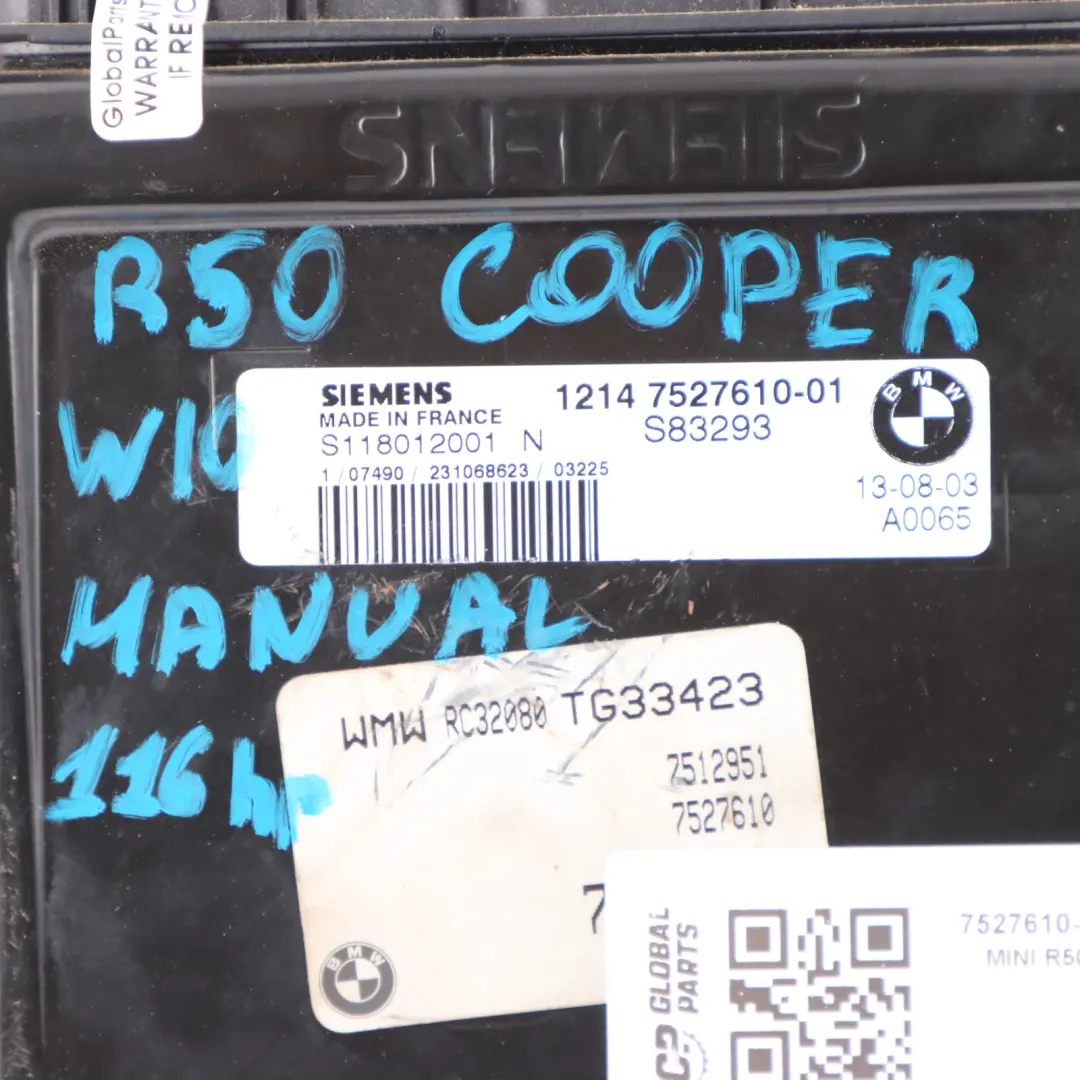 116HP Petrol Engine Control Unit ECU DME Manual to Mini Cooper R50 W10 with Part number 7527610 Mini Cooper R50 W10 116HP Petrol Engine Control Unit ECU DME Manual - SKU 7527610-16 - Part number 7527610