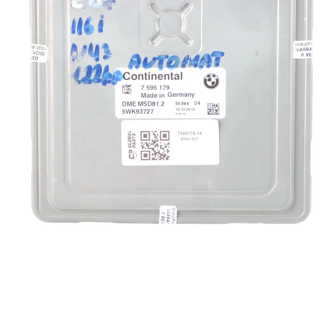N43 122HP Engine ECU DME Automatic BMW E81 E87 LCI 116i E90 E91 316i - SKU 7595179-14 - Part number 7595179