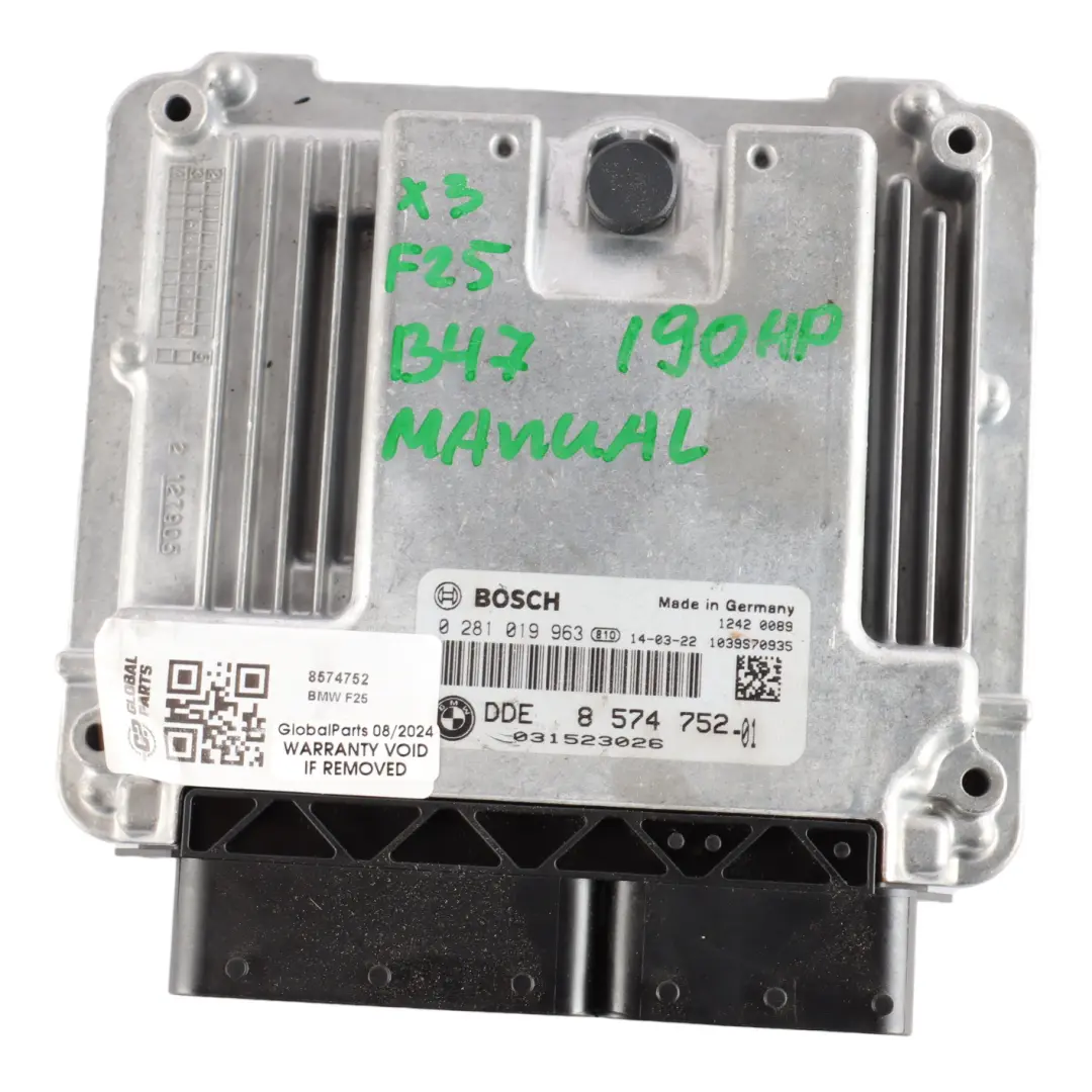20dX B47 190HP Engine Control Unit Module ECU DDE Automatic to BMW F25 with Part number 8574752 BMW F25 20dX B47 190HP Engine Control Unit Module ECU DDE Automatic - SKU 8574752 - Part number 8574752