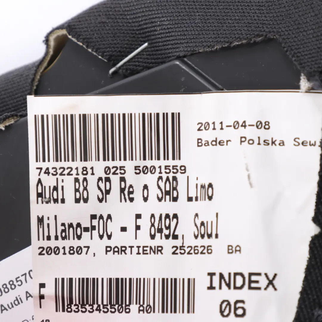 Panneau siège arrière droit Traversin latéral Cuir noir Audi A4 B8 - SKU 8K0885704AE - Numéro de pièce 8K0885704AE