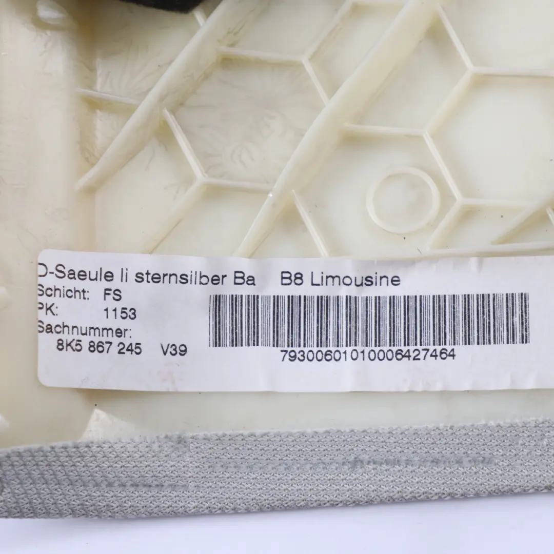 Copertura posteriore D Rivestimento sinistro Argento per Audi A4 B8 con numero di parte 8K5867245 Audi A4 B8 Copertura posteriore D Rivestimento sinistro Argento - SKU 8K5867245 - Numero di parte 8K5867245