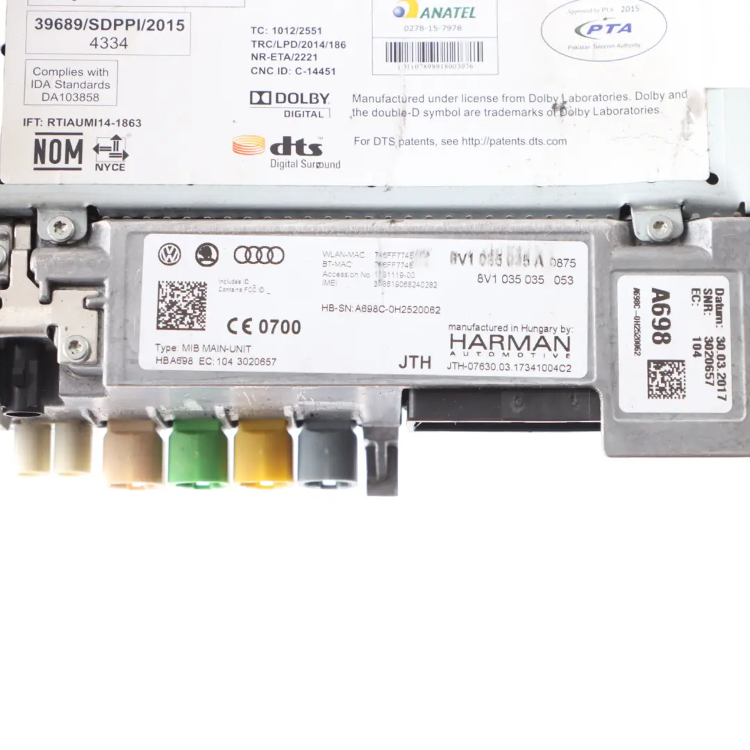 Audi A3 S3 8V Head Unit MIB High Multimedia Player CD SD Card Sat Nav - SKU 8V1035035A-1 - Part number 8V1035035A