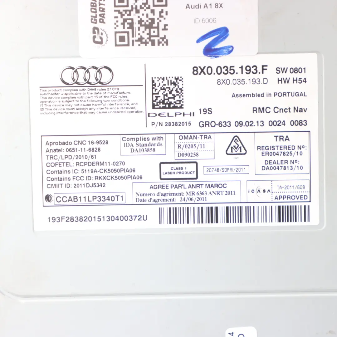 Audi A1 8X Unità Stereo Radio Audio MMI Navigatore CD Player - SKU 8X0035193F - Numero di parte 8X0035193F