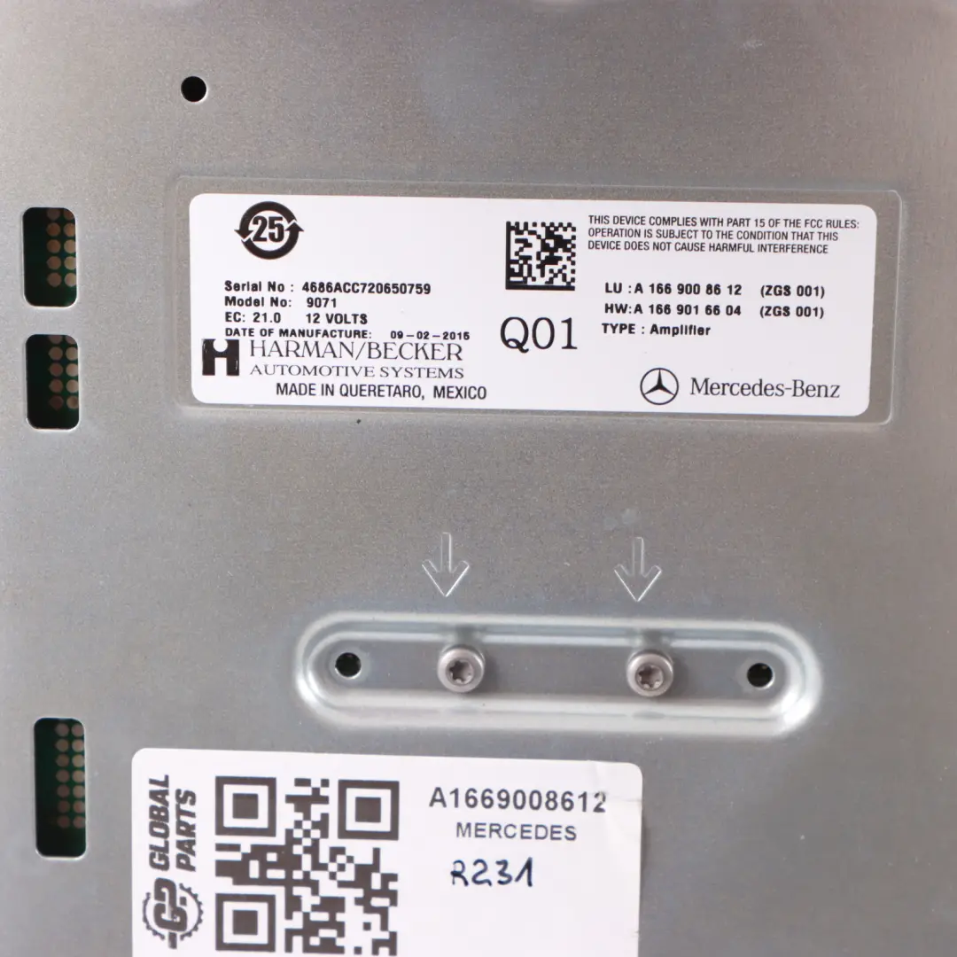 Sound Audio Amplifier Module Harman to Mercedes R231 with Part number A1669008612 Mercedes R231 Sound Audio Amplifier Module Harman - SKU A1669008612 - Part number A1669008612