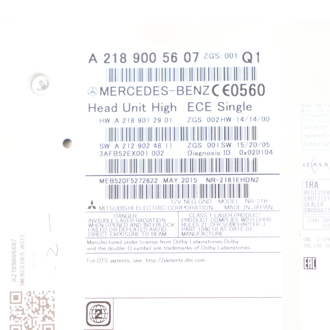  Radio Head Unit Mercedes W207 W212 COMAND Navi CD Player Navigation - SKU A2189005607 - Part number A2189005607