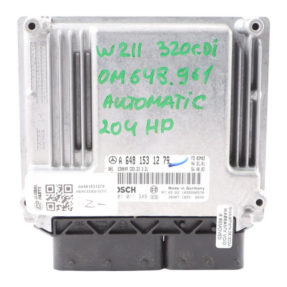648.961 204HP Engine Control Unit ECU to Mercedes W211 S320 CDI with Part number A6481531279 Mercedes W211 S320 CDI 648.961 204HP Engine Control Unit ECU - SKU A6481531279 - Part number A6481531279