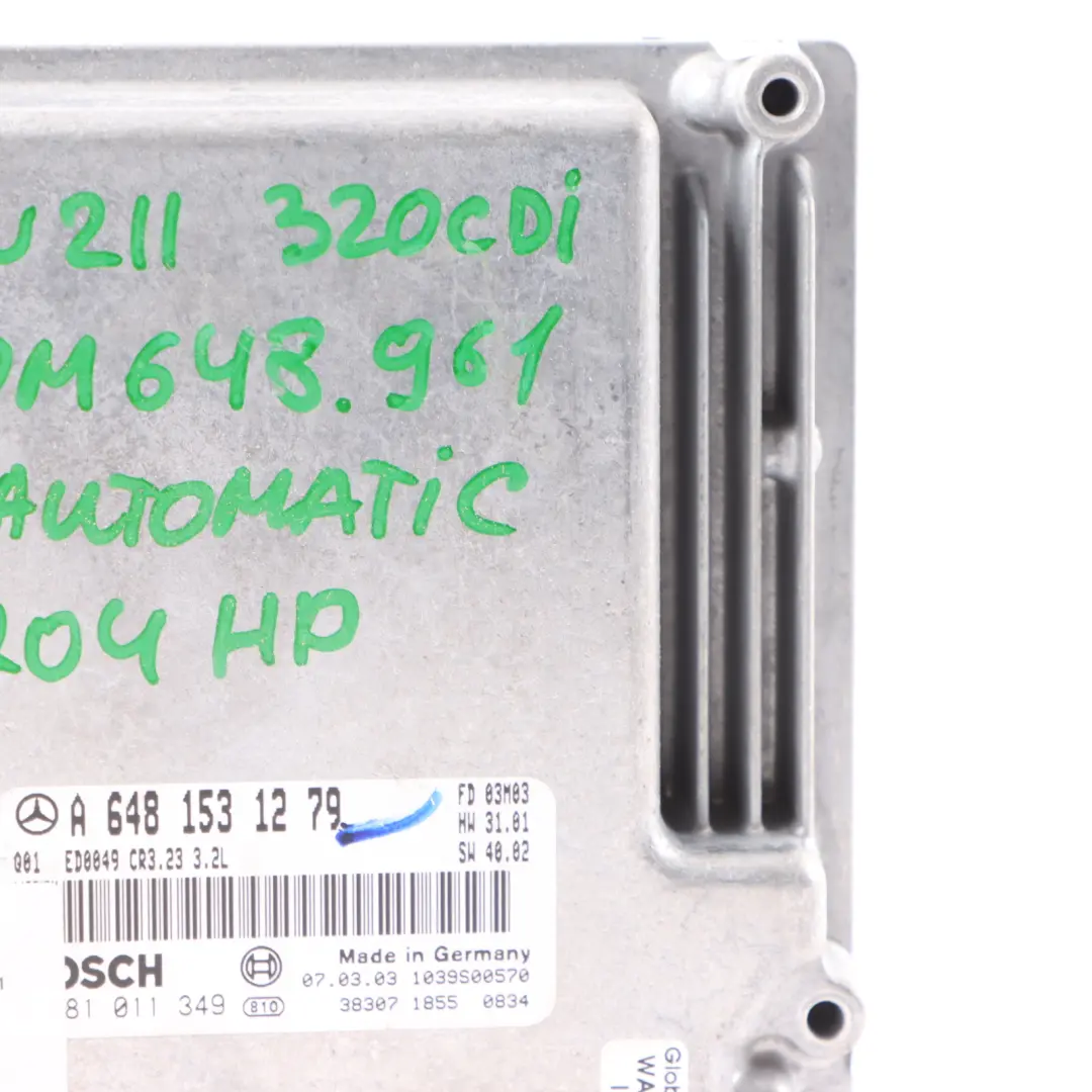 648.961 204HP Engine Control Unit ECU to Mercedes W211 S320 CDI with Part number A6481531279 Mercedes W211 S320 CDI 648.961 204HP Engine Control Unit ECU - SKU A6481531279 - Part number A6481531279