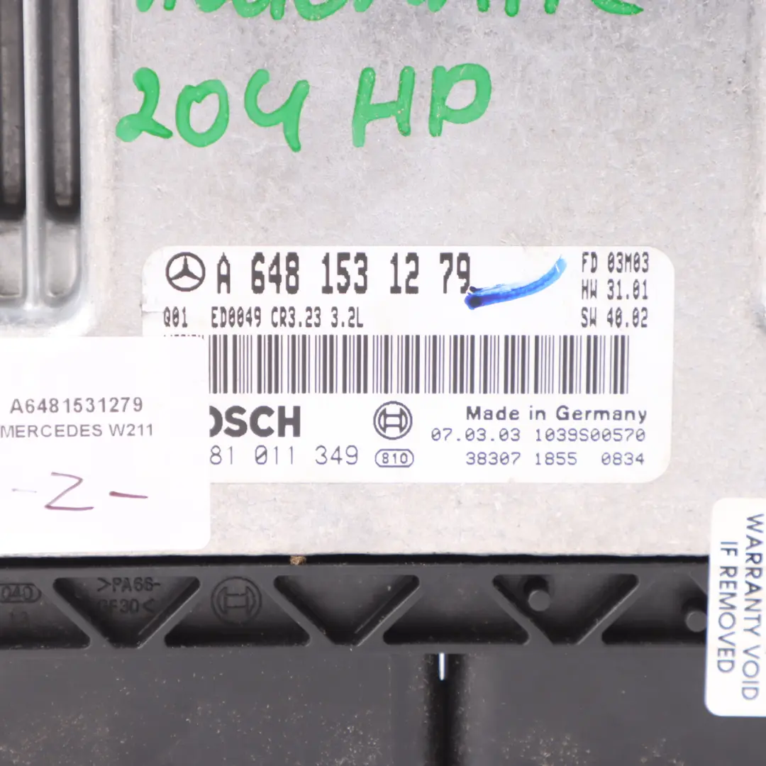 648.961 204HP Engine Control Unit ECU to Mercedes W211 S320 CDI with Part number A6481531279 Mercedes W211 S320 CDI 648.961 204HP Engine Control Unit ECU - SKU A6481531279 - Part number A6481531279