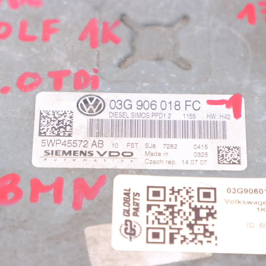 Volkswagen Golf 5 1K 2.0 TDI BMN 170HP Engine ECU Kit 03G906018FC 2 Key Ignition - SKU 03G906018FC-1 - Part number 03G906018FC-1