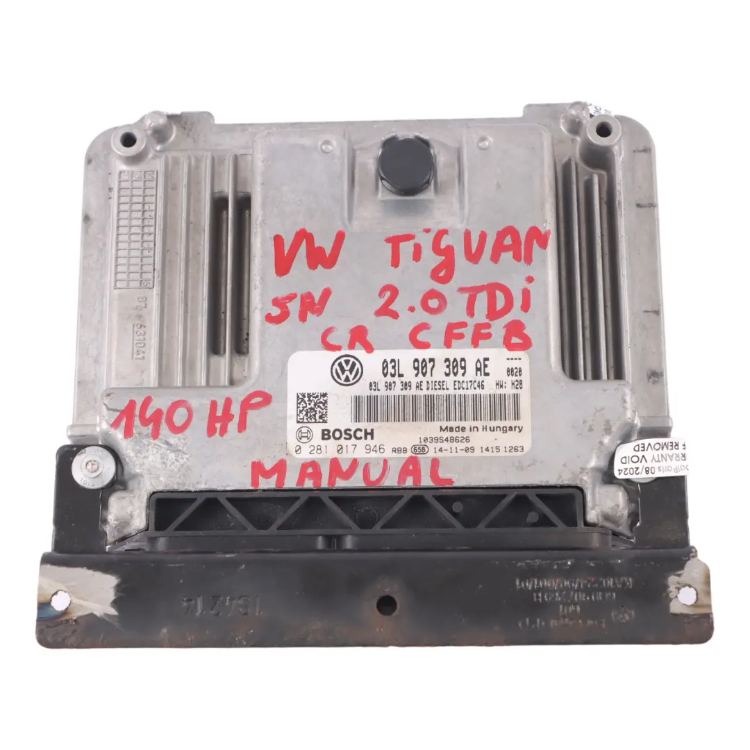 CFFB 140HP Unité Contrôle Moteur ECU pour VW Volkswagen Tiguan 2.0 TDI à propos du numéro de pièce 03L907309AE VW Volkswagen Tiguan 2.0 TDI CFFB 140HP Unité Contrôle Moteur ECU - SKU 03L907309AE - Numéro de pièce 03L907309AE