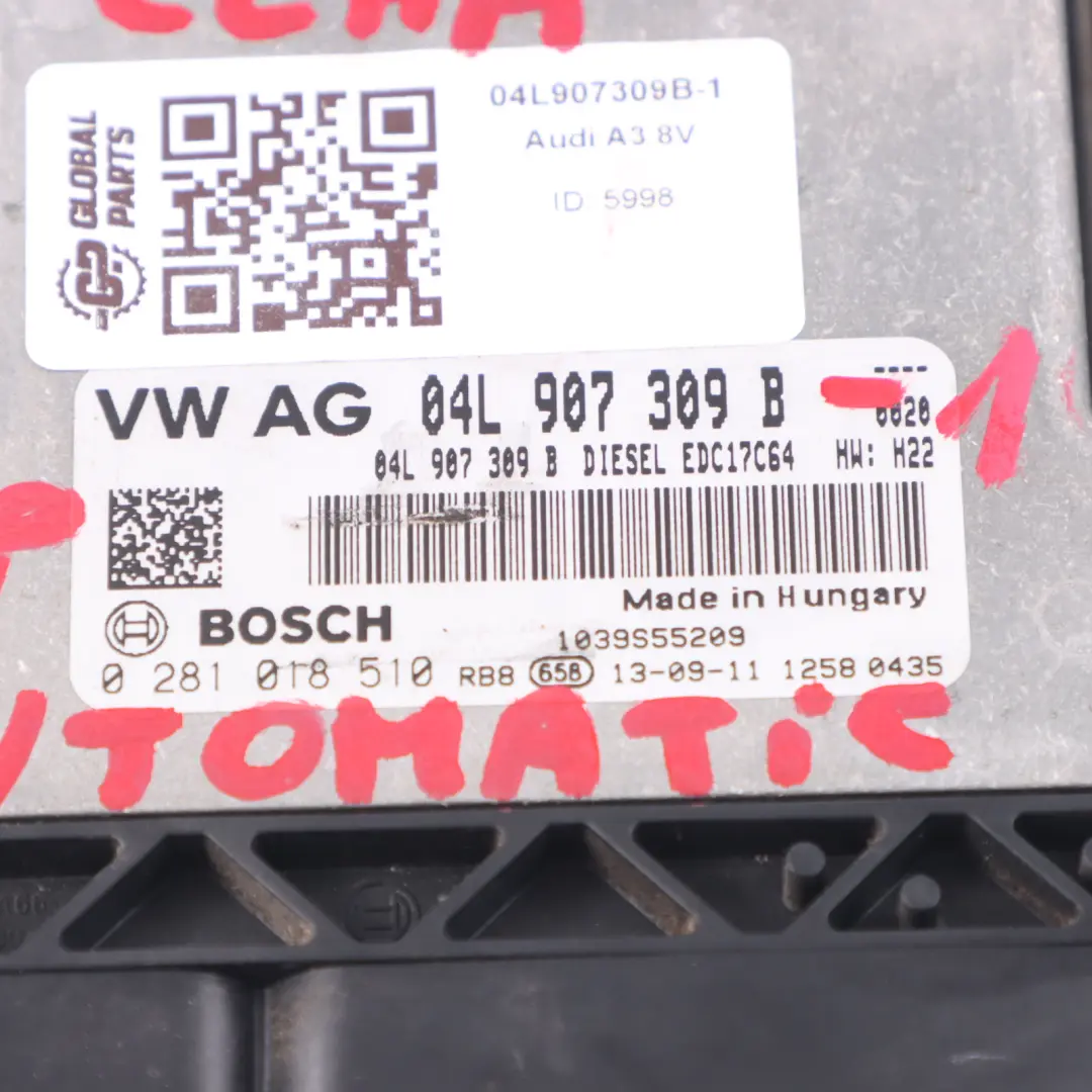 Audi A3 8V 1.6 TDI CLHA 105HP Unidad Motor Kit ECU Llave Encendido - SKU 04L907309B-1 - Número de pieza 04L907309B