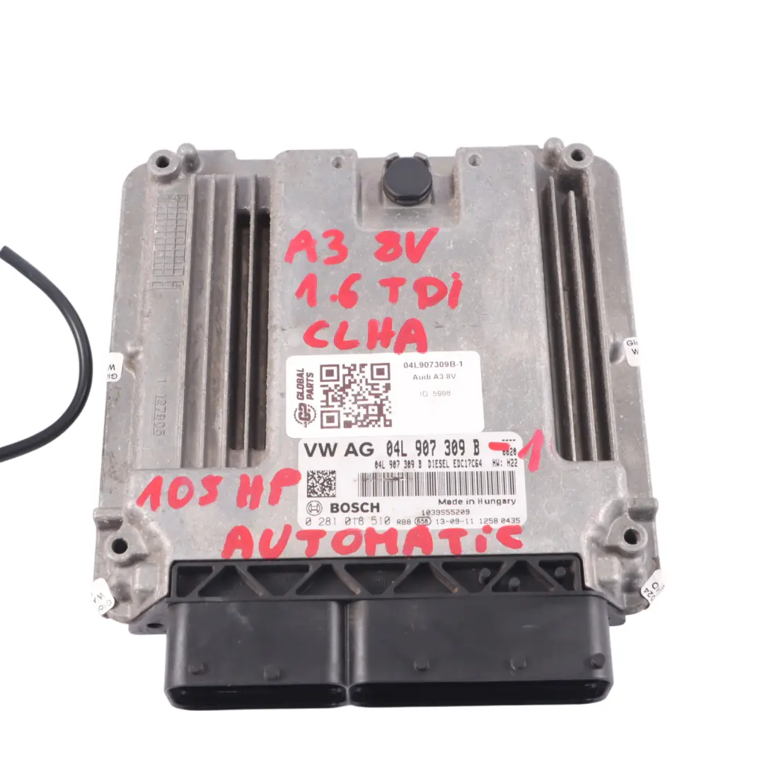 Audi A3 8V 1.6 TDI CLHA 105HP Unidad Motor Kit ECU Llave Encendido - SKU 04L907309B-1 - Número de pieza 04L907309B