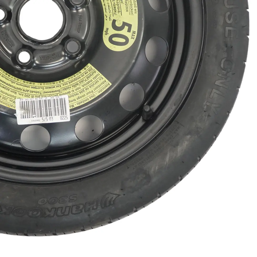 Ruota scorta acciaio R16 Hankook 3.5J ET: 25.5 125/70 per VW Golf 7 con numero di parte 1K0601027AQ VW Golf 7 Ruota scorta acciaio R16 Hankook 3.5J ET: 25.5 125/70 - SKU 1K0601027AQ - Numero di parte 1K0601027AQ