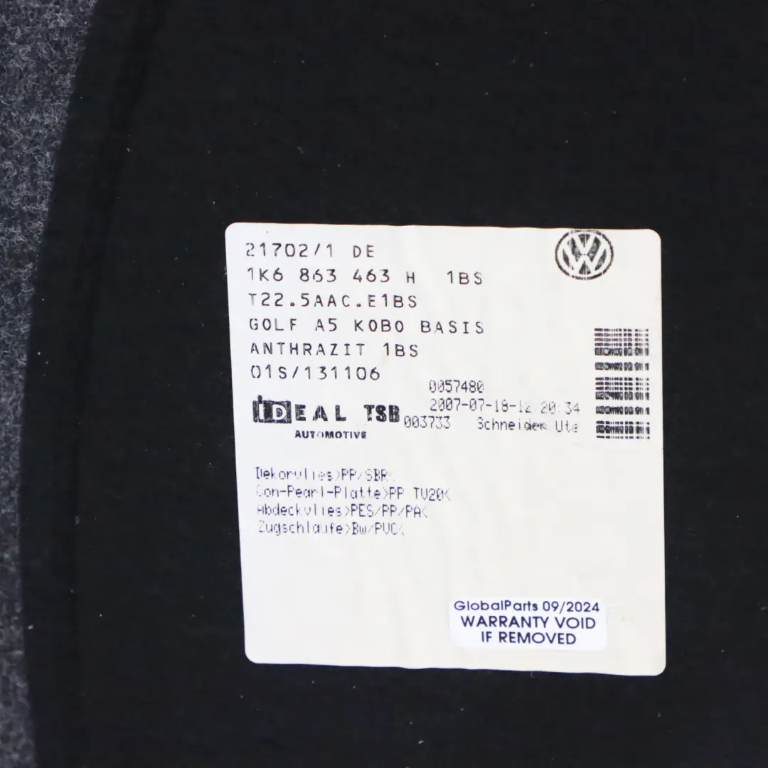 Mk5 Podłoga Wykładzina Osłona Bagażnika do Volkswagen Golf o numerze 1K6863463H Volkswagen Golf Mk5 Podłoga Wykładzina Osłona Bagażnika - SKU 1K6863463H - Numer Części 1K6863463H