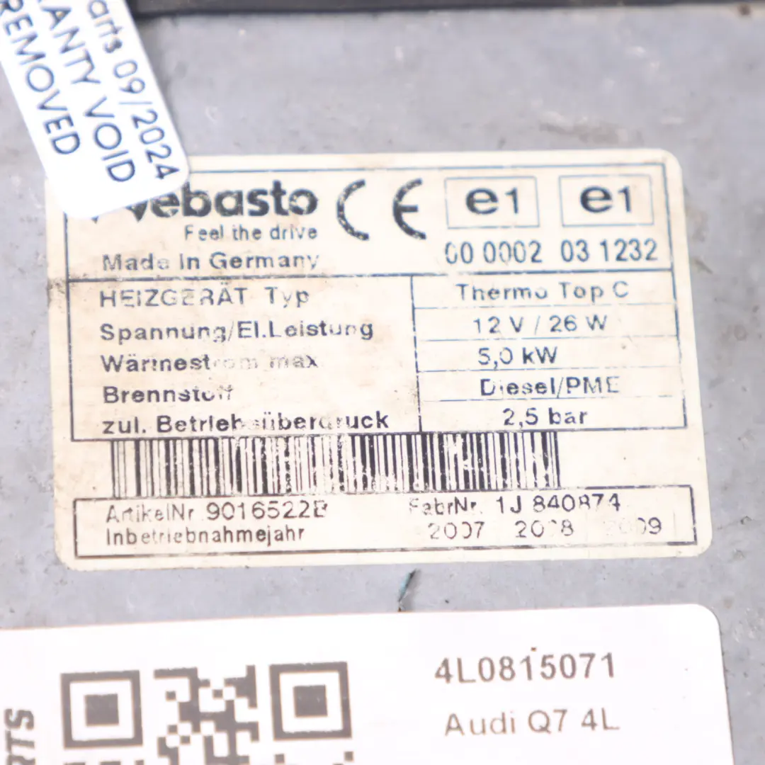 Pompa riscaldatore acqua ausiliaria Webasto per Audi Q7 4L con numero di parte 4L0815071 Audi Q7 4L Pompa riscaldatore acqua ausiliaria Webasto - SKU 4L0815071 - Numero di parte 4L0815071
