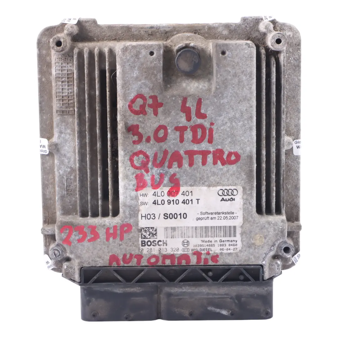 233HP Unidad Control Motor ECU Automatic para Audi Q7 4L 3.0 TDI BUG con número de pieza 4L0910401T Audi Q7 4L 3.0 TDI BUG 233HP Unidad Control Motor ECU Automatic - SKU 4L0910401T - Número de pieza 4L0910401T