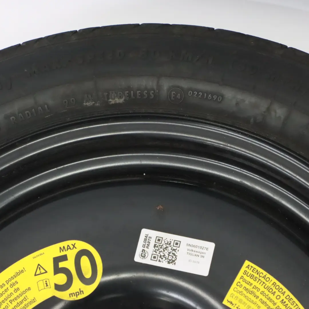 Ersatzrad Rad Stahl R18 Reifen 145/80 für VW Volkswagen Tiguan 5N mit Teilenummer 5N0601027E VW Volkswagen Tiguan 5N Ersatzrad Rad Stahl R18 Reifen 145/80 - SKU 5N0601027E - Teilenummer 5N0601027E