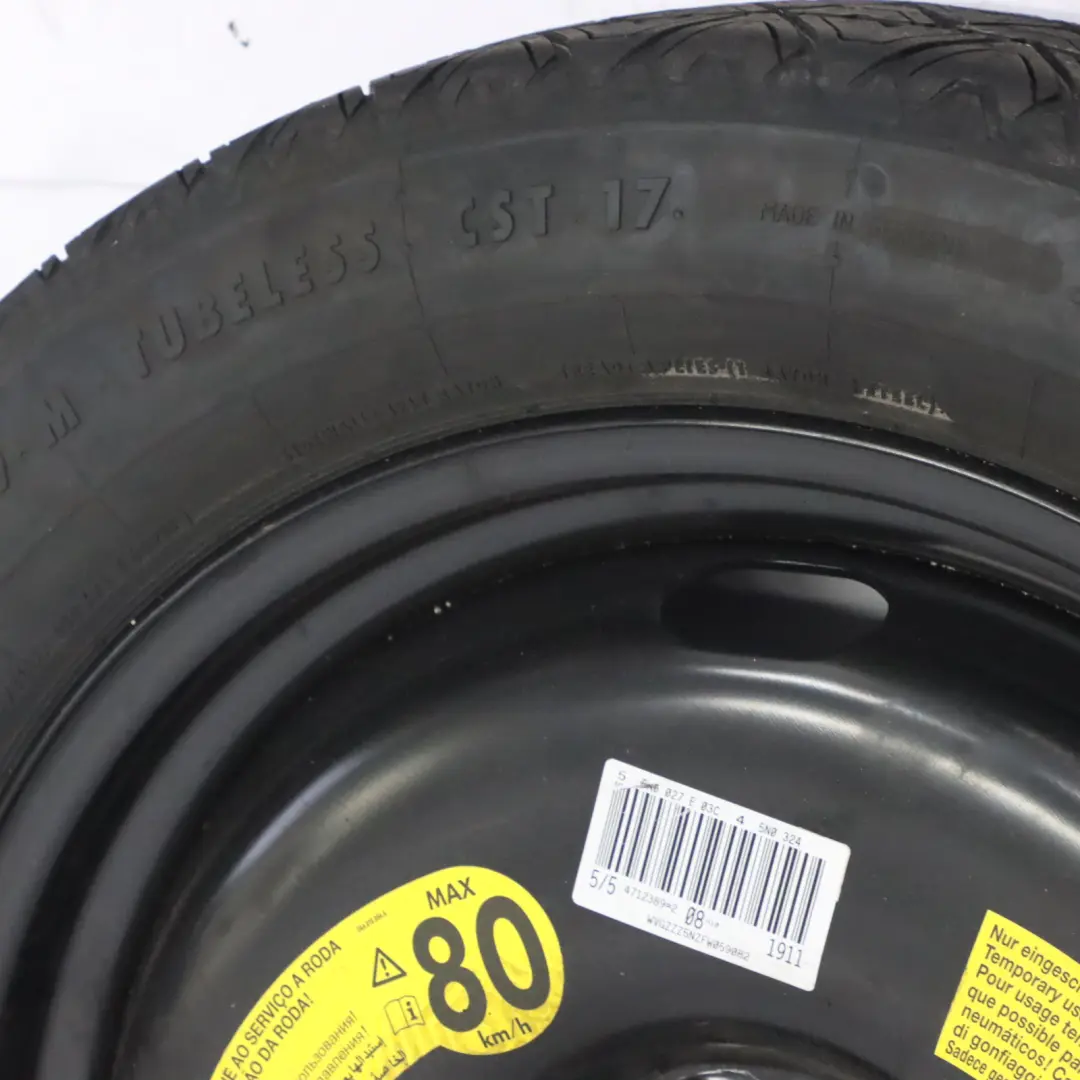 Spare Wheel Wheel Steel R18 Tyre 145/80 to VW Volkswagen Tiguan 5N with Part number 5N0601027E VW Volkswagen Tiguan 5N Spare Wheel Wheel Steel R18 Tyre 145/80 - SKU 5N0601027E - Part number 5N0601027E