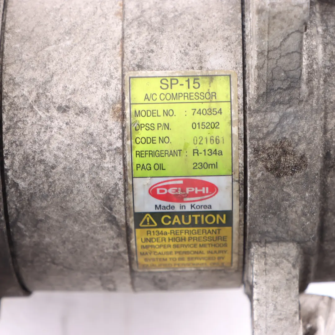 DELPHI SP-15 Air Conditioning Compressor A/C Pump to with Part number 740354 DELPHI SP-15 Air Conditioning Compressor A/C Pump - SKU 740354 - Part number 740354