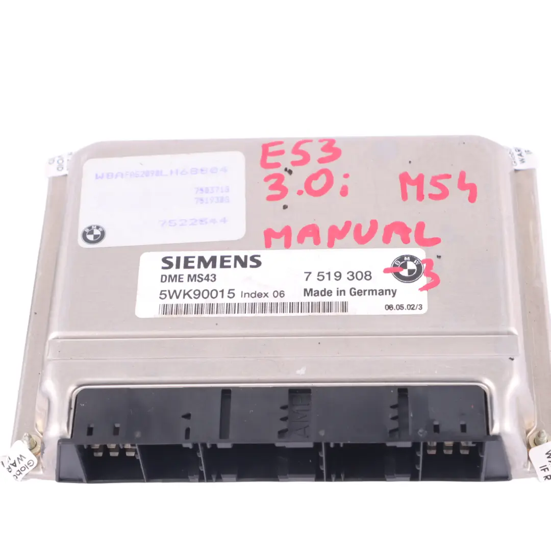 M54 231HP Kit ECU DME Manuale EWS3 Chiave per BMW X5 E53 3.0i con numero di parte 7519308 BMW X5 E53 3.0i M54 231HP Kit ECU DME Manuale EWS3 Chiave - SKU 7519308-3 - Numero di parte 7519308