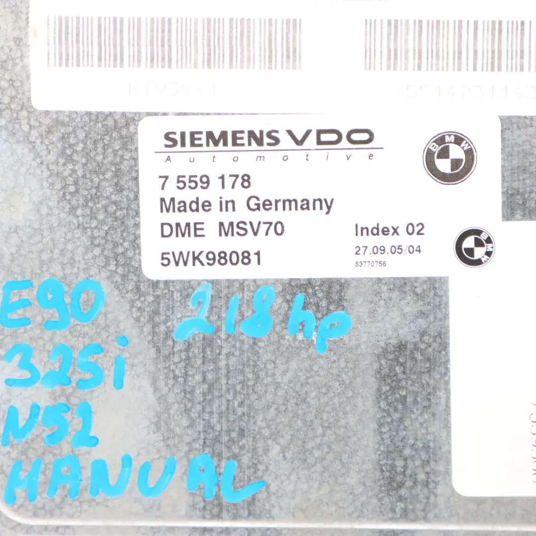 N52 218HP Engine Control Unit ECU DME Manual to BMW E60 E90 E91 325i 525i with Part number 7559178 BMW E60 E90 E91 325i 525i N52 218HP Engine Control Unit ECU DME Manual - SKU 7559178-12 - Part number 7559178