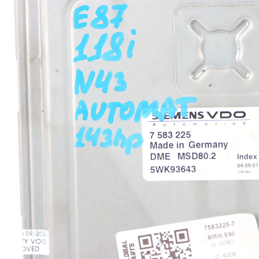 143HP N43 Engine Control Unit ECU DME to BMW E87 LCI E90 118i 318i with Part number 7583225 BMW E87 LCI E90 118i 318i 143HP N43 Engine Control Unit ECU DME - SKU 7583225-7 - Part number 7583225