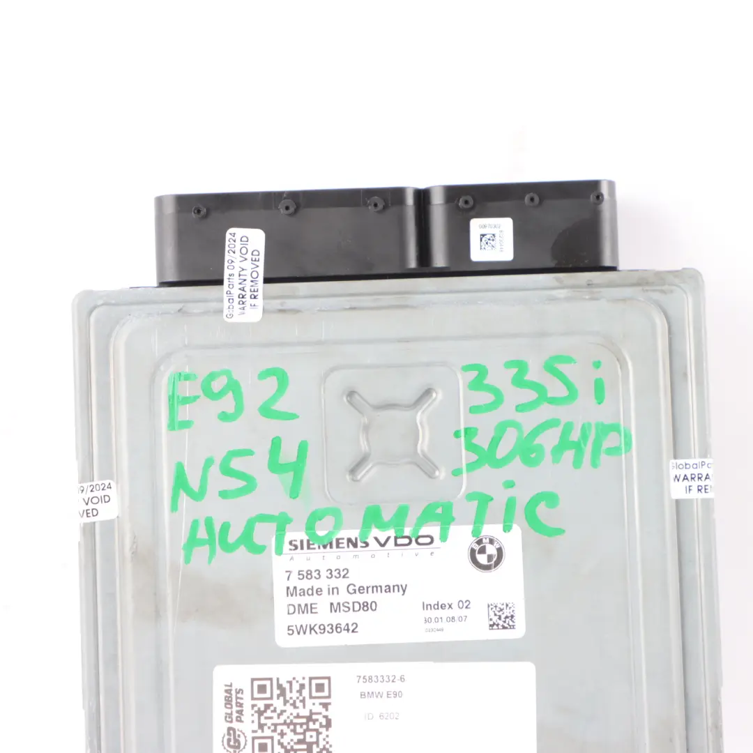 N54 306HP Petrol Engine Control Unit DME Automatic to BMW E90 E91 E92 335i with Part number 7583332 BMW E90 E91 E92 335i N54 306HP Petrol Engine Control Unit DME Automatic - SKU 7583332-6 - Part number 7583332