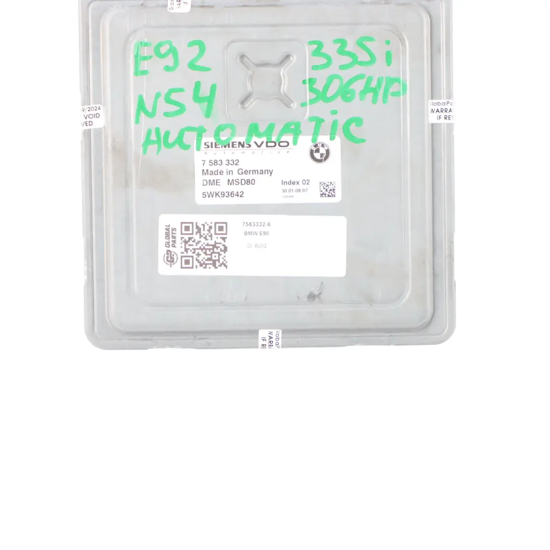 N54 306HP Petrol Engine Control Unit DME Automatic to BMW E90 E91 E92 335i with Part number 7583332 BMW E90 E91 E92 335i N54 306HP Petrol Engine Control Unit DME Automatic - SKU 7583332-6 - Part number 7583332