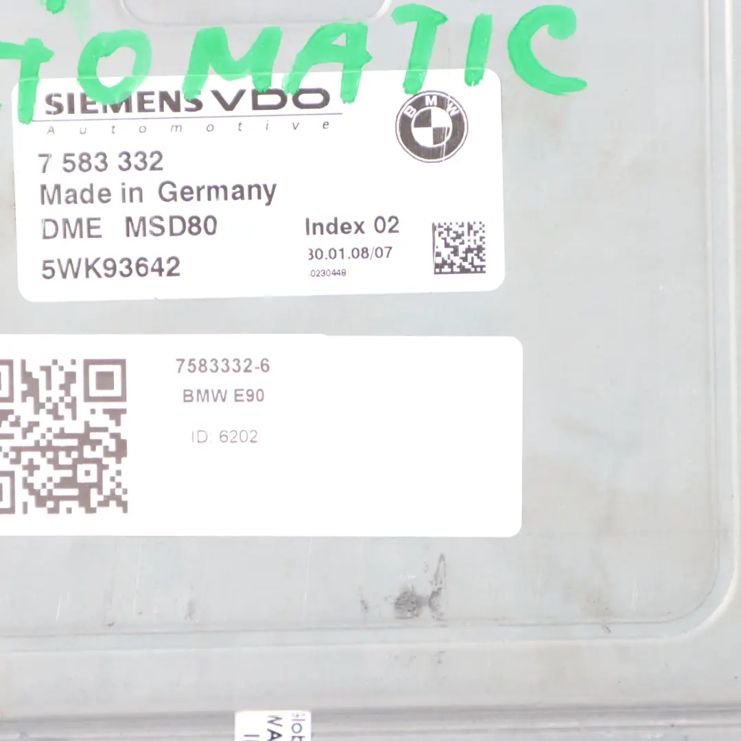N54 306HP Petrol Engine Control Unit DME Automatic to BMW E90 E91 E92 335i with Part number 7583332 BMW E90 E91 E92 335i N54 306HP Petrol Engine Control Unit DME Automatic - SKU 7583332-6 - Part number 7583332