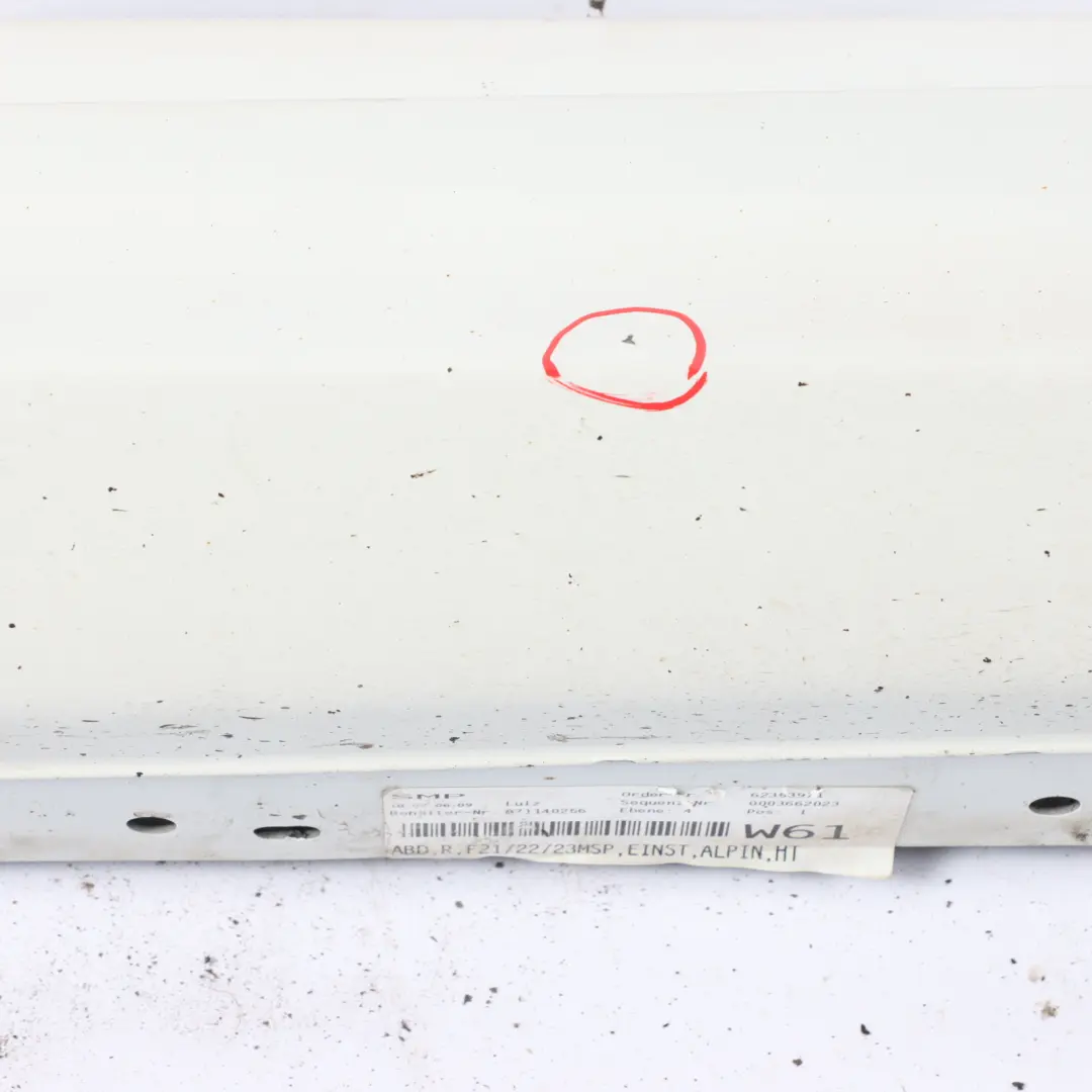 Sill Strip Side Skirt Right O/S Alpinweiss Alpine White 300 to BMW F21 F22 M Sport with Part number 8056818 BMW F21 F22 M Sport Sill Strip Side Skirt Right O/S Alpinweiss Alpine White 300 - SKU 8056818-AW1 - Part number 8056818