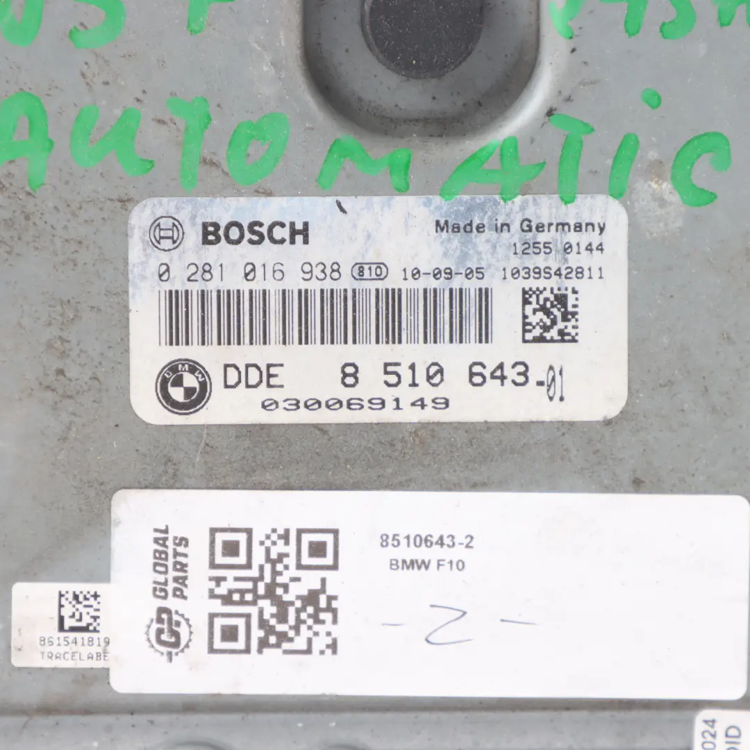 N57 245HP Engine Control Unit ECU Module DDE Automatic to BMW F10 F11 530d with Part number 8510643 BMW F10 F11 530d N57 245HP Engine Control Unit ECU Module DDE Automatic - SKU 8510643-2 - Part number 8510643