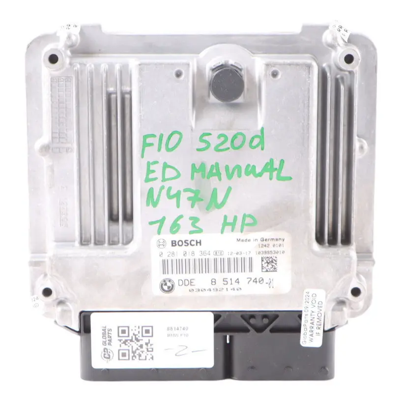 Control Unit BMW F10 520d ed Diesel N47N 163HP ECU DDE Manual to Engine with Part number 8514740 Engine Control Unit BMW F10 520d ed Diesel N47N 163HP ECU DDE Manual - SKU 8514740 - Part number 8514740