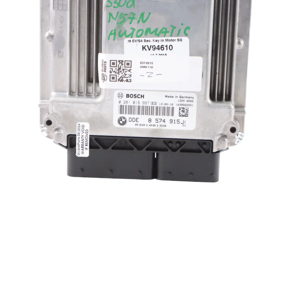 N57N 258HP Diesel Engine Control Unit ECU DDE Automatic to BMW F30 330d with Part number 8574915 BMW F30 330d N57N 258HP Diesel Engine Control Unit ECU DDE Automatic - SKU 8574915 - Part number 8574915