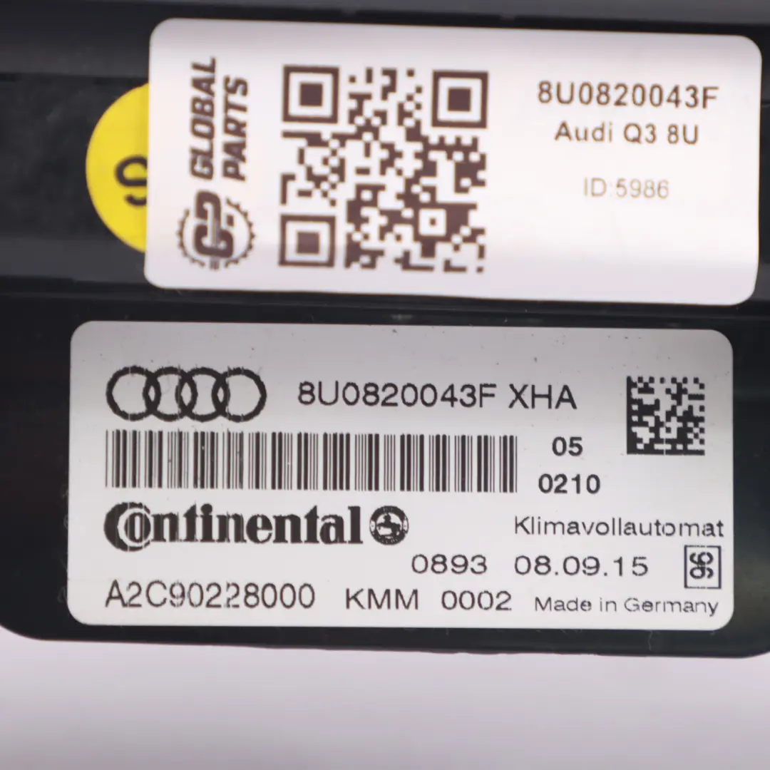 Audi Q3 8U A/C Panneau de commande de climatisation - SKU 8U0820043F - Numéro de pièce 8U0820043F