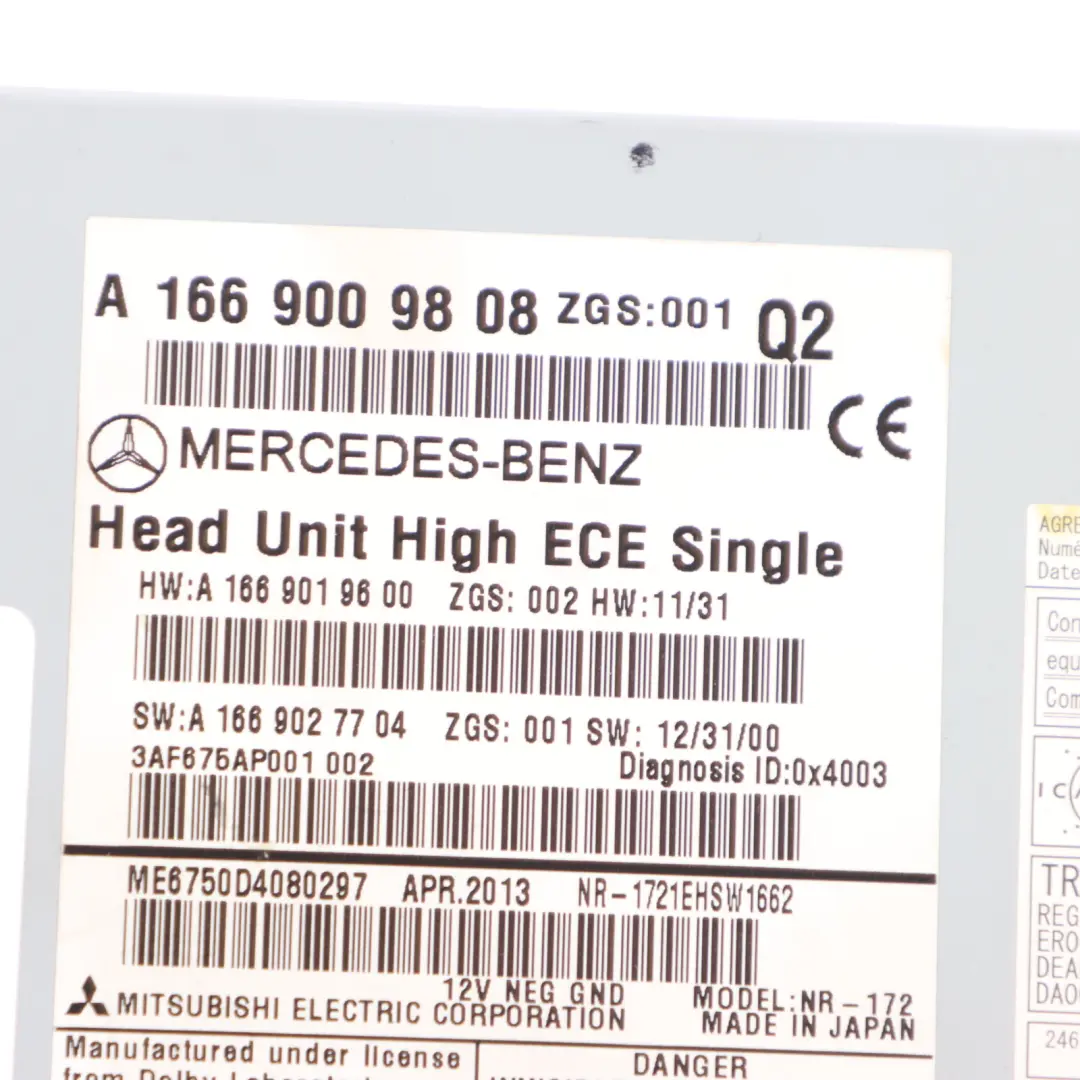 Mercedes ML W166 Unidad Principal Radio Sat Nav SD Card Unidad - SKU A1669009808 - Número de pieza A1669009808